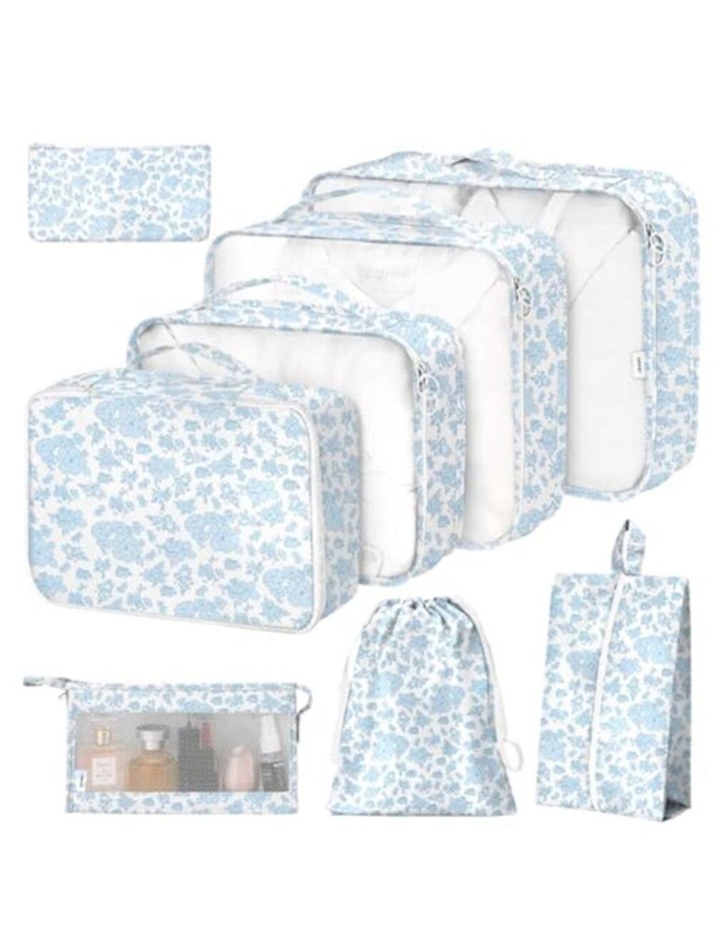 8 Piece Packing Cubes Set Travel Luggage Organizer Bags Women Men Blue Floral